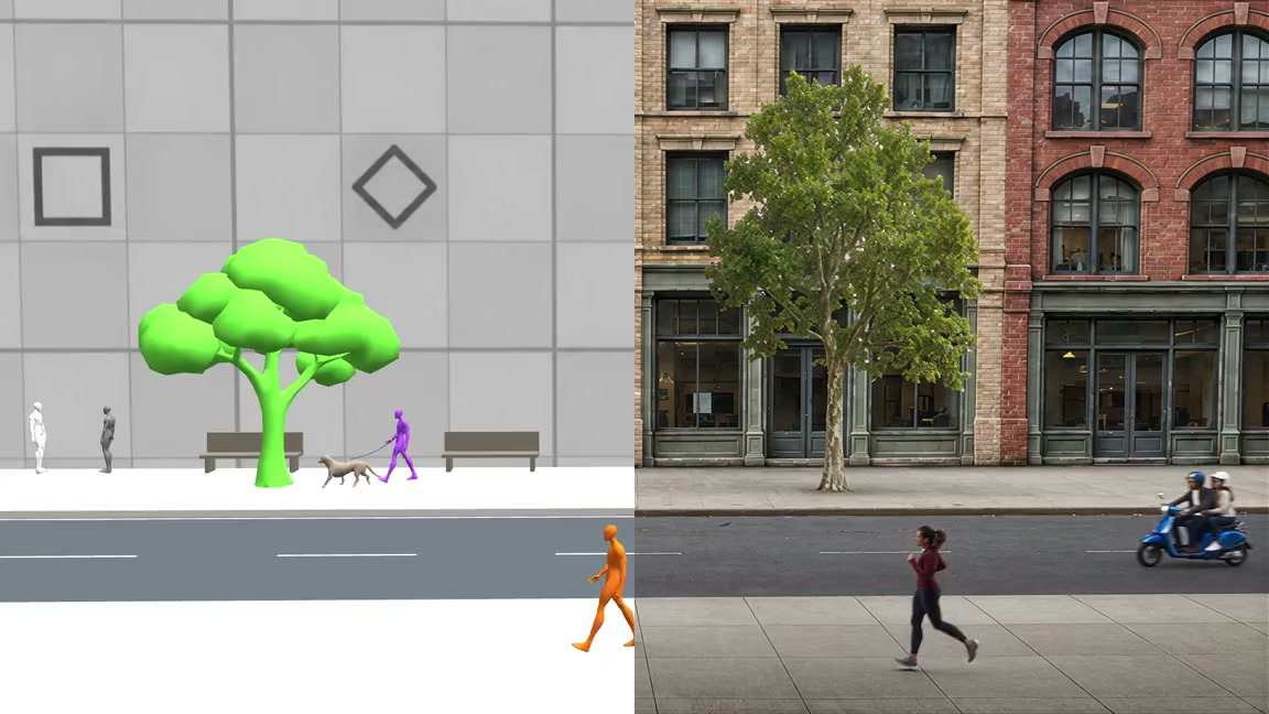 Street scene: Reelpen reference on the left, AI result on the right